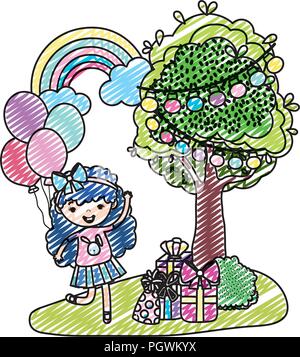 Doodle mädchen kinder Neben Baum mit Geschenken und Ballons Stock Vektor