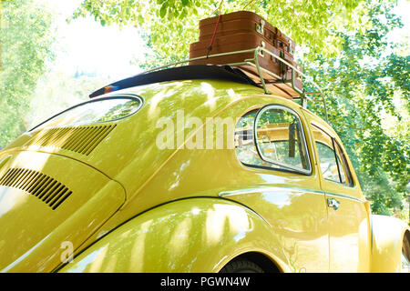 VW Käfer, 1957 erbaut, Oldtimer, Dachgalerie, Reisekoffer, Reise, in das Grüne, Deutschland Stockfoto