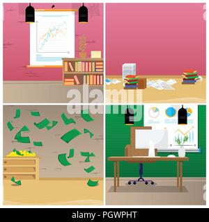 Moderne Büros mit Desktop, Monitor, Möbel und andere Gegenstände. Vector Illustration cartoon Geschäftshaus innere Sammlung. Stock Vektor