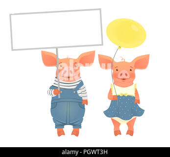 Niedliche Tier Holding unterzeichnen. Cartoon Schweinehaltungsbetrieb leer Banner. Niedliche Tier Abbildung Stockfoto