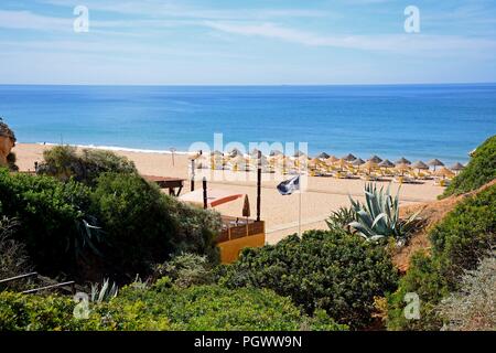 Blick auf den Strand und das Meer von den Klippen, Albufeira, Portugal, Europa gesehen. Stockfoto