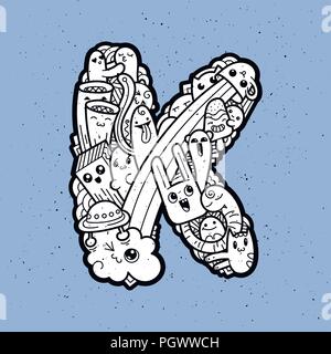 Schreiben K. Hand gezeichnet doodled Kinder schreiben K. Cute monstred Schriftzug, text Symbole. Vector Illustration für Web, Design, Dekoration, Bildung, Drucke, Stock Vektor
