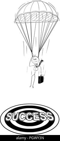 Cartoon von Skydiver Geschäftsmann mit Fallschirmlandung auf Erfolg Ziel Stock Vektor