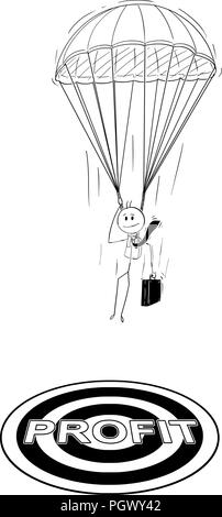 Cartoon von Skydiver Geschäftsmann mit Fallschirm Landung am Profit Target Stock Vektor