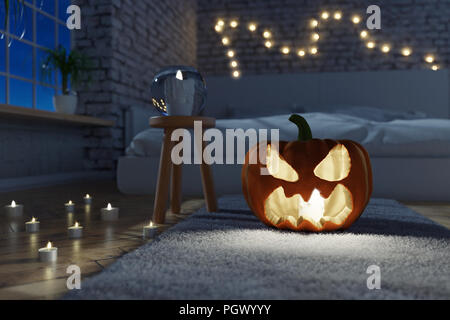 3D-Rendering von beleuchteten Jack o'Lantern stehend auf Teppich Sofa in modernen Backsteingebäude untergebracht, das Schlafzimmer in der Nacht Stockfoto