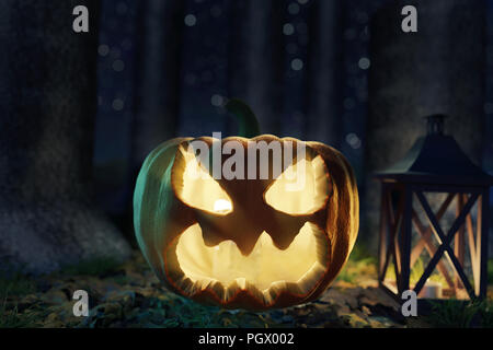 3D-Rendering des glänzenden Halloween Jack-o-Lantern Kürbis bei dunkler Wald Stockfoto