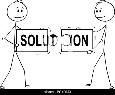 Cartoon von zwei Geschäftsmänner Holding und die passenden Stücke von Puzzle mit Lösung Text Stock Vektor
