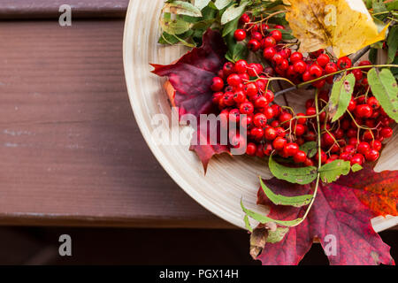 Herbst noch leben. Rowan, Viburnum, Äpfel. Früchte und Beeren auf einer Holzplatte. Hintergrund der Blätter im Herbst. Rote Beeren und gelben Blätter im Herbst. Herbst Jahreszeit Zusammensetzung. Platz kopieren Stockfoto