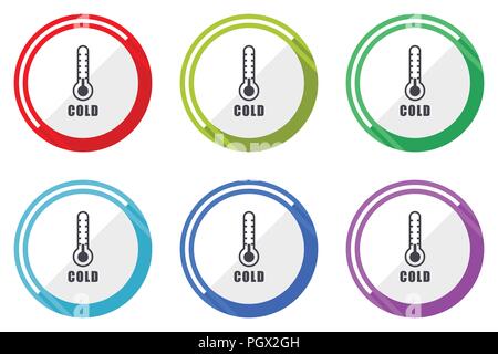 Kalte thermometer Flachbild vektor Web Icon Set, bunte runde internet Buttons in eps 10 auf weißem Hintergrund Stock Vektor