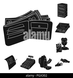 Supermarkt und Ausrüstung schwarze Symbole in der Sammlung für Design. Kauf von Produkten vektor Symbol lieferbar Abbildung. Stock Vektor