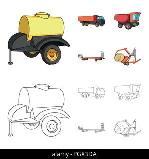 Anhänger mit einem Faß, Lkw und andere landwirtschaftliche Geräte. Landwirtschaftliche Maschinen ein Sammlung Icons im Cartoon, Outline style Vektor Symbol lieferbar Stock Vektor