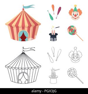 Zirkuszelt, jongleur Streitkolben, Clown, Zauberer Hut. Circus Collection Symbole im Cartoon, Outline style Vektor Symbol lieferbar Abbildung. Stock Vektor