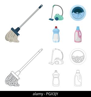 Mop mit einer für das Waschen von Böden, eine grüne Staubsauger, ein Fenster einer Waschmaschine mit Wasser und Schaum, eine Flasche mit einem Reinigungsmittel. Cle Stock Vektor