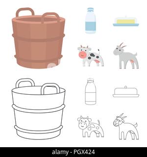 Ein barrel Milch, Butter, eine Kuh. Milch set Sammlung Icons im Cartoon, Outline style Vektor Symbol lieferbar Abbildung. Stock Vektor