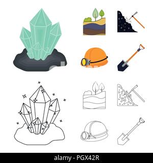 Kristalle, Kohleflöz, Pickel, Helm mit einer Laterne. Meine Sammlung Icons im Cartoon, Outline style Vektor Symbol lieferbar Abbildung. Stock Vektor