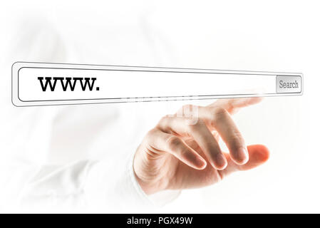 WWW in eine leere Suche bar auf einem virtuellen Computer Bildschirm mit einem Mann es zu Berühren mit dem Finger auf die Webadresse zu navigieren. Stockfoto