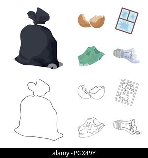 Einen Müllsack, eine zerbrochene Eierschale, einer zerrissenen schmutziges T-Shirt, ein kaputtes Fenster Rahmen mit Glas. Müll und Abfall set Sammlung Icons im Cartoon, umriss St Stock Vektor