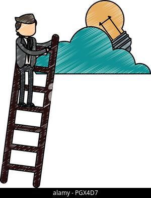 Geschäftsmann auf Treppen mit Cloud und die Glühbirne scribble Stock Vektor
