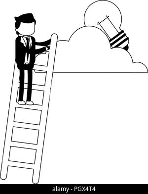 Geschäftsmann auf Treppen mit Cloud und die Glühbirne in Schwarz und Weiß Stock Vektor