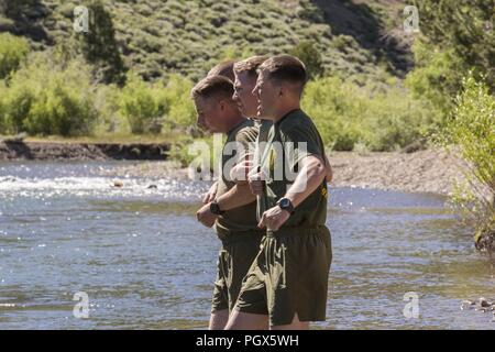 Marines mit 2 Bataillon, 24 Marine Regiment, 23 Marines, 4 Marine Division, überqueren einen eiskalten Bach, als Teil einer Lektion auf, wie man sicher rauschenden Wasser überqueren, während Berg Übung 3-18, am Berg Warfare Training Center, Bridgeport, Calif., 21. Juni 2018. Nach Abschluss der Übung 4-17 letztes Jahr, 4 Reconnaissance Bataillon nahmen an MTX3-18 Kleinmaßeinheit Führung weiter zu entwickeln und ein Verständnis für die verschiedenen Klimazonen und Szenarien, die Sie in der Zukunft haben könnten. Stockfoto