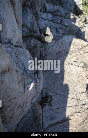 Marines mit 2 Bataillon, 24 Marine Regiment, 23 Marines, 4 Marine Division, rappel eine Klippe hinunter, während Berg Übung 3-18, am Berg Warfare Training Center, Bridgeport, Calif., 22. Juni 2018. Nach Abschluss der Übung 4-17 im vergangenen Jahr 2 Mrd., 24 Marines nahmen an MTX3-18 Kleinmaßeinheit Führung weiter zu entwickeln und ein Verständnis für die verschiedenen Klimazonen und Szenarien, die Sie in der Zukunft haben könnten. Stockfoto