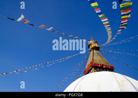 Bodhnath, Katmandu, Bagmati, Nepal: große Stupa von Bodhnath, das größte in Asien und eines der größeren in der Welt. Unesco-heritege Website. Stockfoto