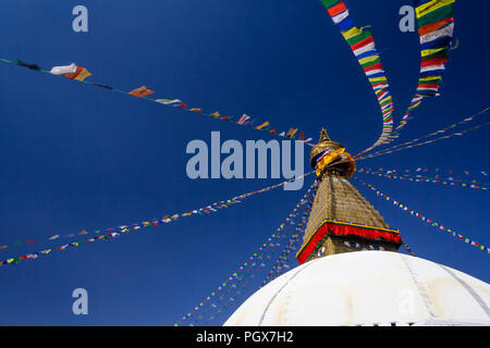 Bodhnath, Katmandu, Bagmati, Nepal: große Stupa von Bodhnath, das größte in Asien und eines der größeren in der Welt. Unesco-heritege Website. Stockfoto