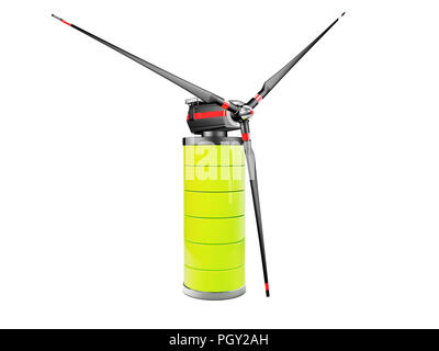 Windmühle auf dem Akku. Strom und erneuerbaren, Generator, Ökologie Symbol. 3D-Darstellung Stockfoto