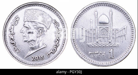 Pakistan 1 Rupie Münze (2015), der Leiter der Muhammad Ali Jinnah (1876-1948) Gründer von Pakistan (Vorderseite) und Hazrat Lal Shahbaz Qalandar Mausole Stockfoto