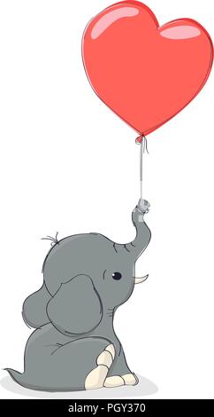 Süße Elefant in Form eines Herzens Ballon cartoon Hand gezeichnet Vektor illustrationon weißer Hintergrund Stock Vektor