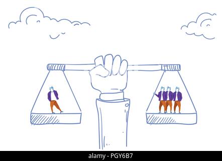 Menschliche Hand Balance Waagen business Holding Bedeutung wertvolle Human Asset Konzept Skizze doodle horizontal Stock Vektor