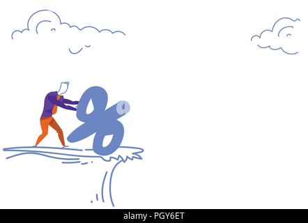 Geschäftsmann drücken Prozent credit debt Mountain cliff Lücke Abgrund Finanzkrise risiko Konzept Skizze doodle horizontal Stock Vektor