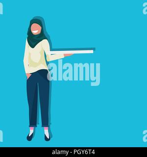Arabische Frau Holding pizza box fast food Konzept arabisch weibliche Comicfigur Flachbild voller Länge blauer Hintergrund Stock Vektor
