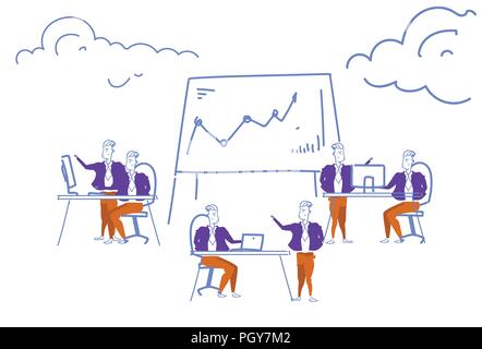 Geschäftsleute Financial Analytics brainstorming Konzept Finanzen Pfeil nach oben Grafik erfolgreiche Teamarbeit Prozess Handel Berater horizontale Skizze doodle Stock Vektor