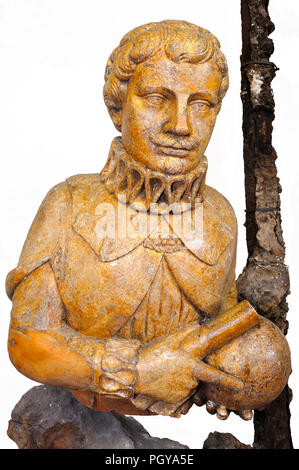 Aushängeschild der Fregatte König von Portugal in Holz 108 cm hoch stellt eine Büste Louis ich Hafen von Portugal (1838-1889) Cascais an einem jungen Alter, die von der Einheit in New York im Namen der Italienischen Marine 1863 gebaut. Die Welt und die Besitz-Karte sind in den Händen der Welt Stockfoto