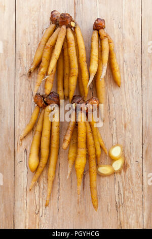 Gruppe von fingerroot auf hölzernen Tisch von oben. Stockfoto