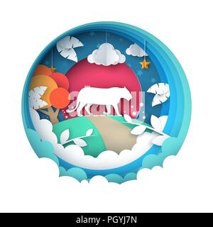 Cartoon Papier Landschaft. Tiger schnitt Abbildung. Sonne, Wolke, Stern. Stock Vektor