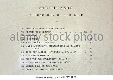 George Stephenson Chronologie seines Lebens, 1781-1848 war ein englischer Ingenieur und Maschinenbauer, Chronologie von antik Buch 1880 Stockfoto