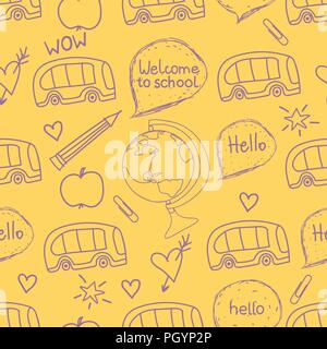 Zurück zu Schule nahtlose Muster. Vektor handgezeichnete Abbildung von Symbolen. Stock Vektor