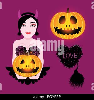 Mädchen in einem Halloween Kostüm mit einem Kürbis auf farbigen Hintergrund. Vector Illustration. Stock Vektor