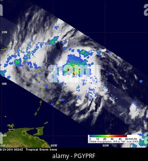 Tropischer Sturm Irene durch die tropische Niederschläge Messen Mission (TRMM) Satelliten, 22. August 2011 ergeben. Bild mit freundlicher Genehmigung von NASA/SSAI, Hal Pierce. () Stockfoto