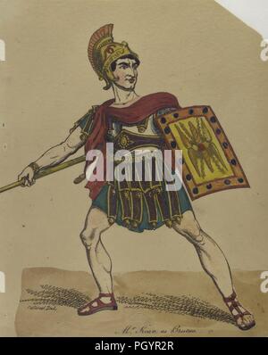 Farbe Abbildung, zeigt ein Blick auf die britische Schauspieler Edmund Kean als Brutus, mit einem ernsten Ausdruck auf seinem Gesicht, der einen Speer in der einen Hand und ein gelbes Schild in der anderen Hand, in einem goldenen Helm mit einem kurzen roten Büschel gekleidet, silber Brust Rüstung und ein Lila und Blau mit Rand Tunika, mit einer roten Schärpe und Sandalen, während der die Rolle des Brutus aus einer Produktion von Shakespeares "Julius Caesar", W West Del, 1820 unterzeichnet. Von der New York Public Library. () Stockfoto