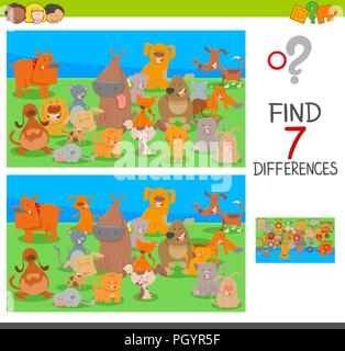 Cartoon Illustration des Findens Sieben Unterschiede zwischen Bilder Lernspiel für Kinder mit Hund und Katze Zeichen Stock Vektor