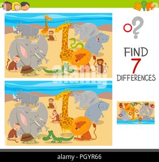 Cartoon Illustration des Findens Sieben Unterschiede zwischen Bilder pädagogische Puzzle Spiel für Kinder mit tierischen Zeichen Stock Vektor