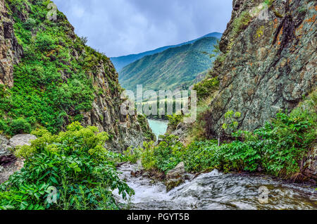 Mountain Creek unter Klippen von Canyon unter Felsbrocken in die Katun Flusses in Altai Gebirge fließt, Russland - schöne Sommer Landschaft. Schönheit von Stockfoto