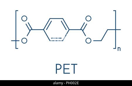 Polyethylenterephthalat (PET, Pete) Polyester Kunststoff, chemische Struktur. Vor allem in der synthetischen Fasern und Kunststoff Flaschen genutzt. Skelettmuskulatur Formel. Stock Vektor