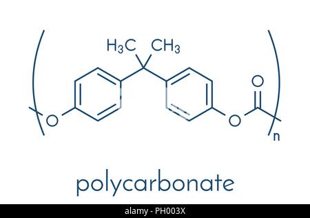 Polycarbonat (PC) Kunststoff, chemische Struktur. Von Phosgen und Bisphenol A. Skelett Formel gemacht. Stock Vektor