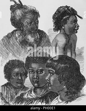 Schwarz und Weiß Vintage Print, die die Physiognomie der Maori Männer und Frauen, von der Kindheit durch Alter, mit dem älteren Mann links oben tragen Gesichtsbehandlung Ta Moko (tätowierung) und einem Korowai (Tag Mantel) in Neuseeland, in Band John George Wood's veröffentlicht' Der unzivilisierten Rassen der Menschen in allen Ländern der Welt, eine umfassende Berücksichtigung ihrer Sitten und Bräuche und Ihrer körperlichen, sozialen, geistigen, moralischen und religiösen Besonderheiten", 1877. Mit freundlicher Genehmigung Internet Archive. () Stockfoto