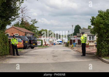 Waldstadt, Mansfield, Großbritannien. 29. August 2018. Ein 66-jährige Mann und die 48-jährige Frau an hohen Bäumen Park Homes in Waldstadt, Mansfield gestorben sind. Credit: Andy Gallagher/Alamy leben Nachrichten Stockfoto