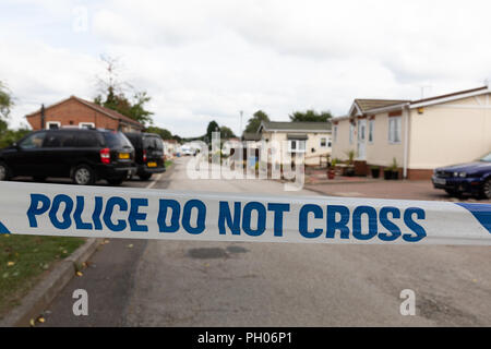 Waldstadt, Mansfield, Großbritannien. 29. August 2018. Ein 66-jährige Mann und die 48-jährige Frau an hohen Bäumen Park Homes in Waldstadt, Mansfield gestorben sind. Credit: Andy Gallagher/Alamy leben Nachrichten Stockfoto